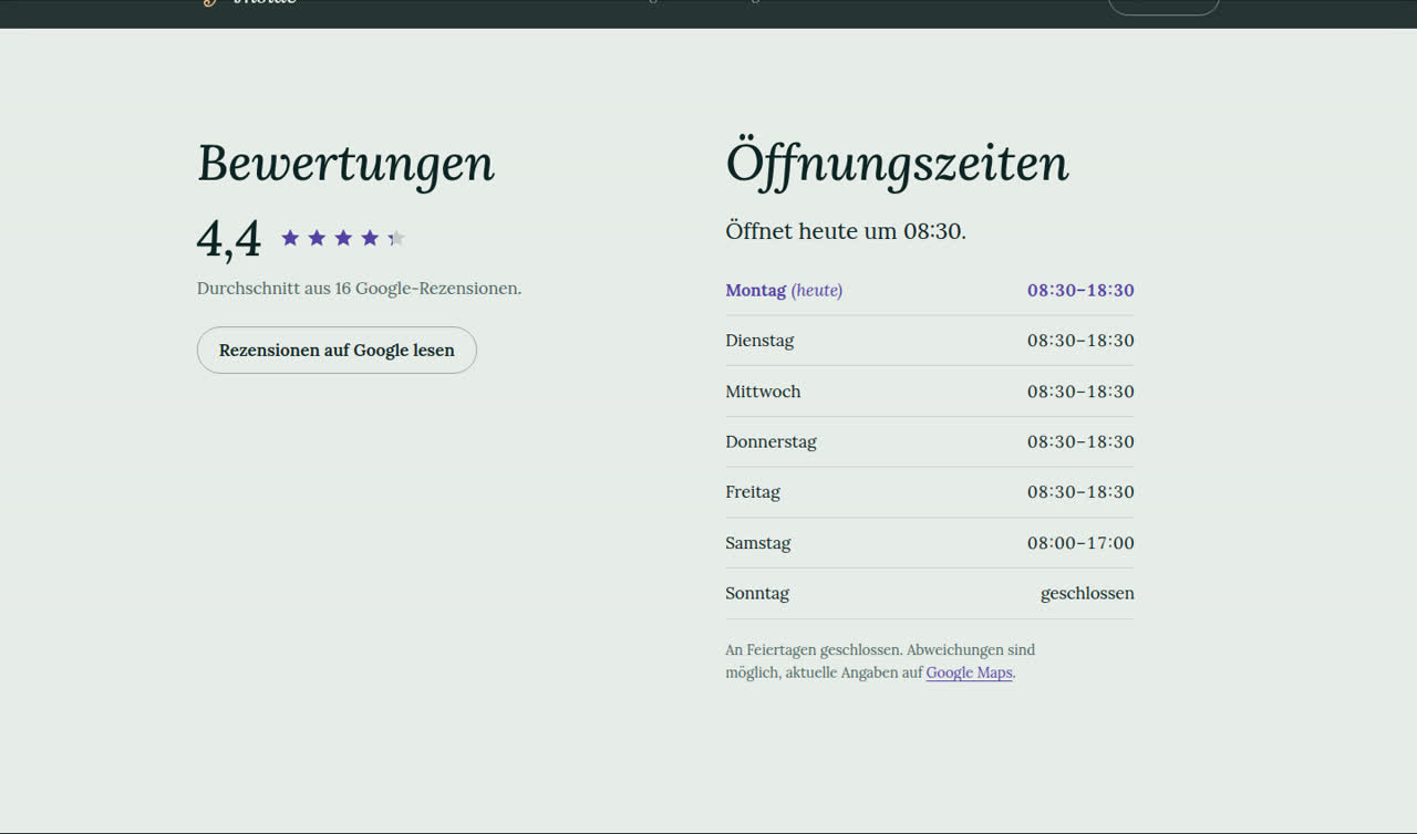 Abschnitt der Jnside-Seite auf hellem Grund: links die Google-Bewertung von 4,4 Sternen, rechts eine Tabelle mit den Öffnungszeiten, in der der heutige Tag hervorgehoben ist.